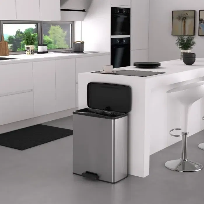 Curver Deco Bin Poubelle rectangulaire 65L, design moderne, gris métallisé, dimensions 49 x 29 x 61 cm