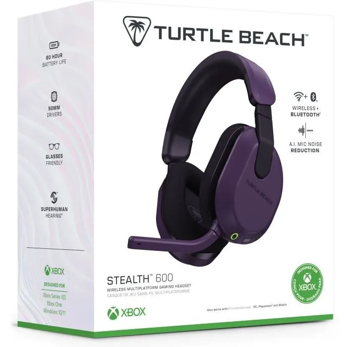 Turtle Beach TBS-2102-45 Stealth 600 Gen 3 - Casque gaming sans fil pour Xbox, PlayStation, PC et mobile - Microphone désactivable - Violet