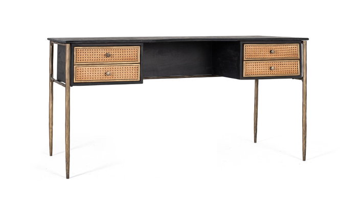 GINER Y COLOMER Bureau en bois de manguier noir avec pieds en fer bronze et 4 tiroirs à claire-voie - Plateau 38x10cm, Hauteur totale 51cm