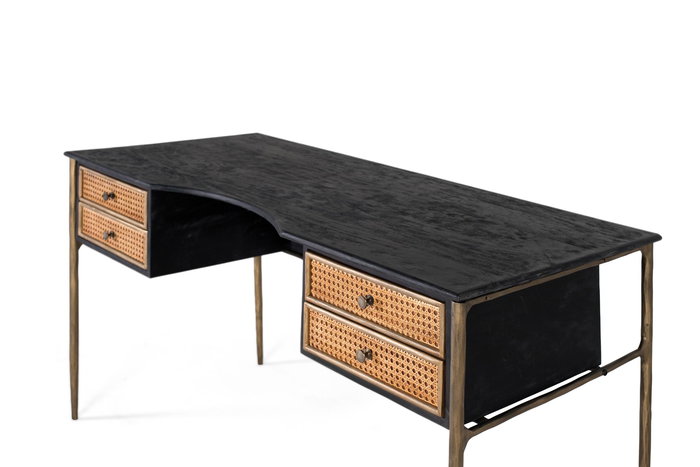 GINER Y COLOMER Bureau en bois de manguier noir avec pieds en fer bronze et 4 tiroirs à claire-voie - Plateau 38x10cm, Hauteur totale 51cm