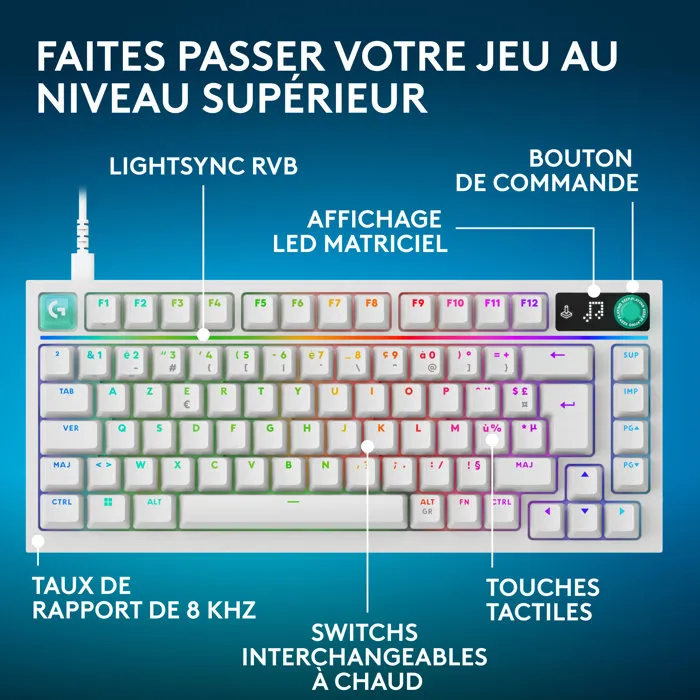 Logitech G G316 X Clavier Gamer Filaire 75% AZERTY Blanc USB Logitech G G316 X Clavier Gamer Filaire 75% AZERTY Blanc USB