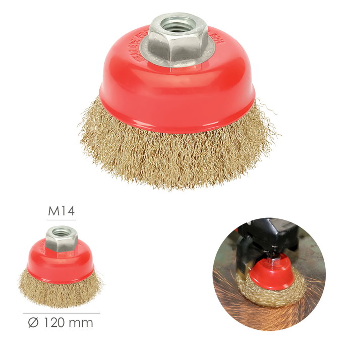WOLFPACK LINEA PROFESIONAL Cepillo de type tasse en acier laitonné, Ø 120 mm, M14 WOLFPACK LINEA PROFESIONAL Cepillo de type tasse en acier laitonné, Ø 120 mm, M14