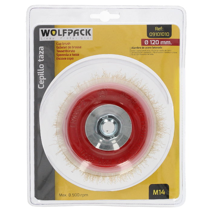 WOLFPACK LINEA PROFESIONAL Cepillo de type tasse en acier laitonné, Ø 120 mm, M14 WOLFPACK LINEA PROFESIONAL Cepillo de type tasse en acier laitonné, Ø 120 mm, M14