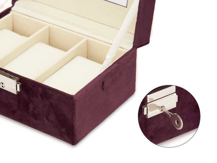 GIFTDECOR Coffret à montres 3 emplacements avec clé Bordeaux Velours Métal 16x8.5x11cm (Set de 6)