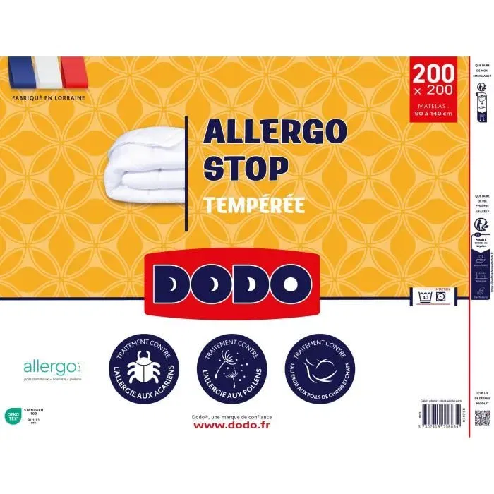 Dodo - Couette temperée 200x200 cm - ALLERGO STOP - Garnissage fibre VOLUPT'AIR 300 g/m² - Blanc Dodo - Couette temperée 200x200 cm - ALLERGO STOP - Garnissage fibre VOLUPT'AIR 300 g/m² - Blanc