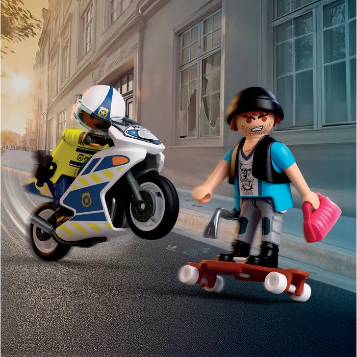Playmobil 72079 - Set de Figurine et Véhicule Course-poursuite en Moto de Police avec Motard et Bandit pour Enfants