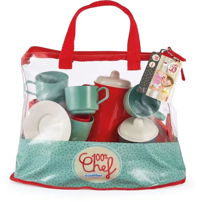 Ecoiffier - Jeu d'imitation Sac Dinette Garni pour +18 Mois, Inclus 4 Assiettes, Couverts, Tasses, Verres, Théière, Faitout et Égouttoir