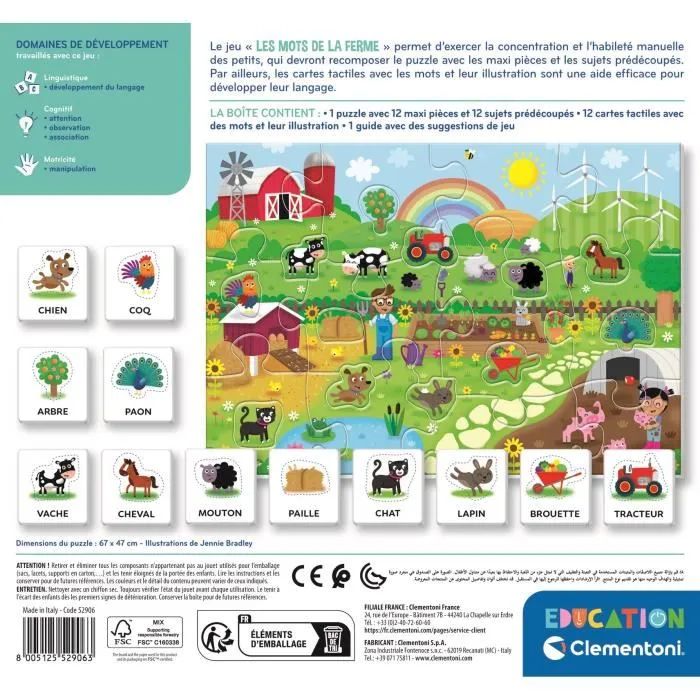 Clementoni - Les mots de la ferme - Puzzle éducatif en grandes pièces pour tout-petits 18 mois - Découverte des animaux de la ferme et développement du langage