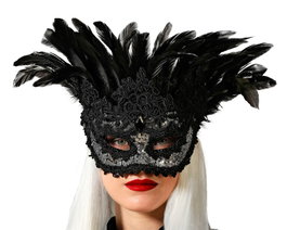 Antifaz en dentelle noire avec plumes pour déguisement gothique ou dame sombre