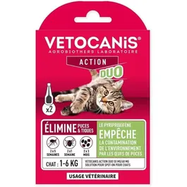 Vetocanis Action Duo - Pipette Antiparasitaire pour Chat contre Puces et Tiques - Traitement Longue Durée - Pour chats de 1 à 6 kg et 6 à 12 kg