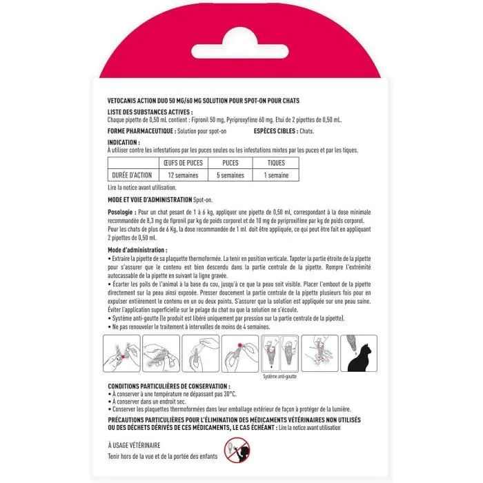 Vetocanis Action Duo - Pipette Antiparasitaire pour Chat contre Puces et Tiques - Traitement Longue Durée - Pour chats de 1 à 6 kg et 6 à 12 kg