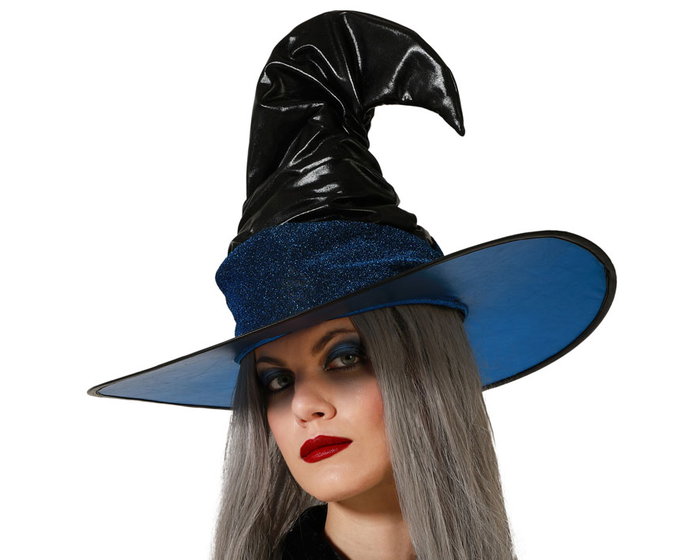 Chapeau de sorcière noir avec bord bleu et calotte rigide - Accessoire de déguisement pour Halloween et spectacles Chapeau de sorcière noir avec bord bleu et calotte rigide - Accessoire de déguisement pour Halloween et spectacles