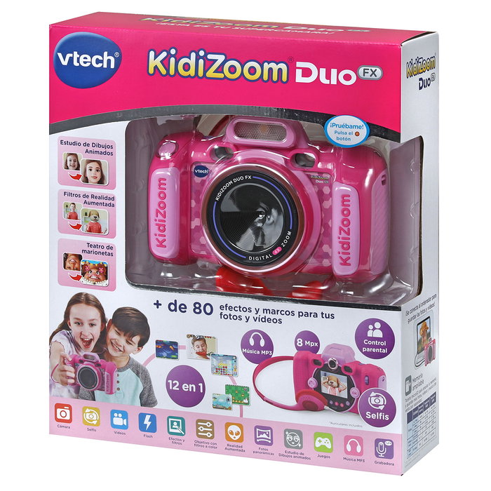 V-Tech Appareil Photo Enfant Kidizoom Duo Fx 12 en Rose 80-519957 avec Effets, Jeux, USB et Résistant aux Chutes - Langue Espagnol