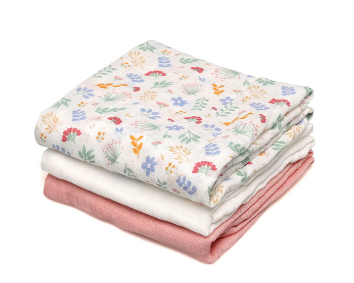 KioKids Set de 3 Muselines Rose, Blanc et Imprimé Fleurs 70x70cm KioKids Set de 3 Muselines Rose, Blanc et Imprimé Fleurs 70x70cm
