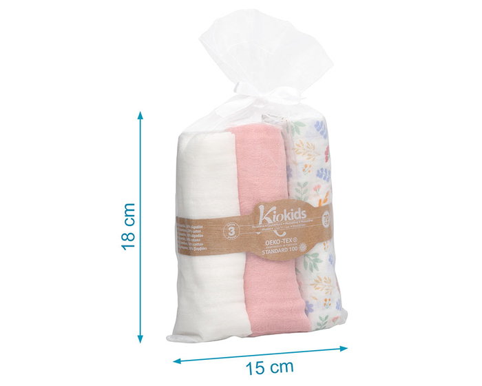 KioKids Set de 3 Muselines Rose, Blanc et Imprimé Fleurs 70x70cm KioKids Set de 3 Muselines Rose, Blanc et Imprimé Fleurs 70x70cm