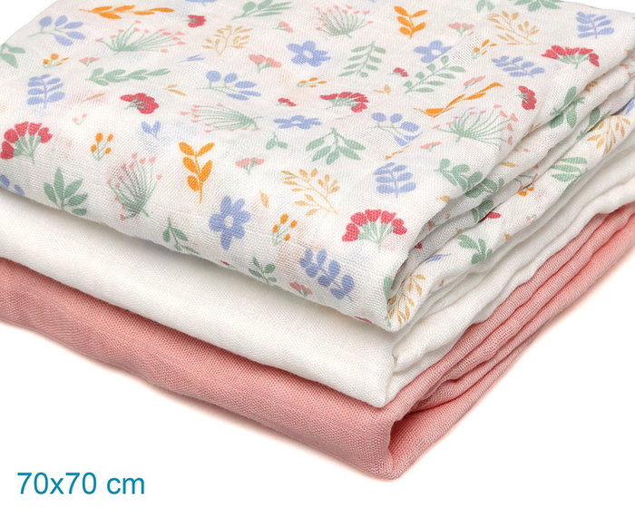 KioKids Set de 3 Muselines Rose, Blanc et Imprimé Fleurs 70x70cm KioKids Set de 3 Muselines Rose, Blanc et Imprimé Fleurs 70x70cm