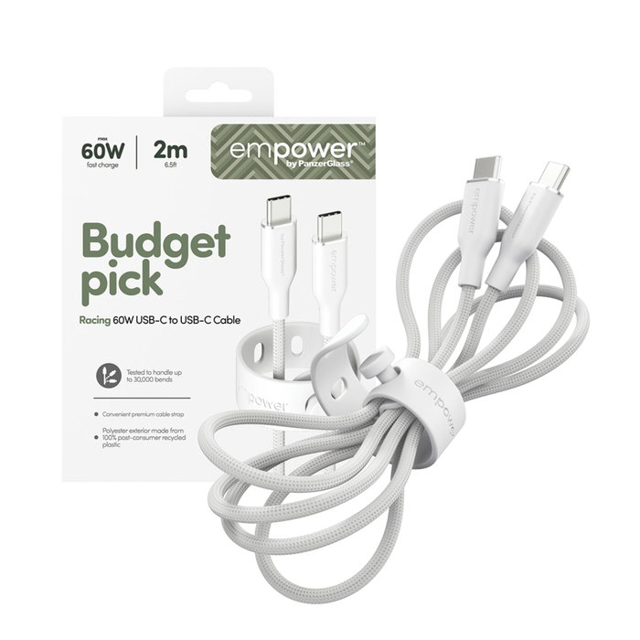 PanzerGlass empower Câble USB-C vers USB-C 60W, 2m, Blanc