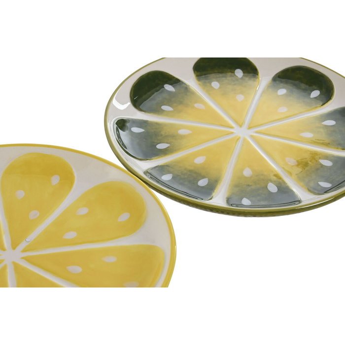 Assiette plate Home ESPRIT Jaune Vert Grès Citron 22,5 x 22,5 x 2,5 cm (2 Unités)