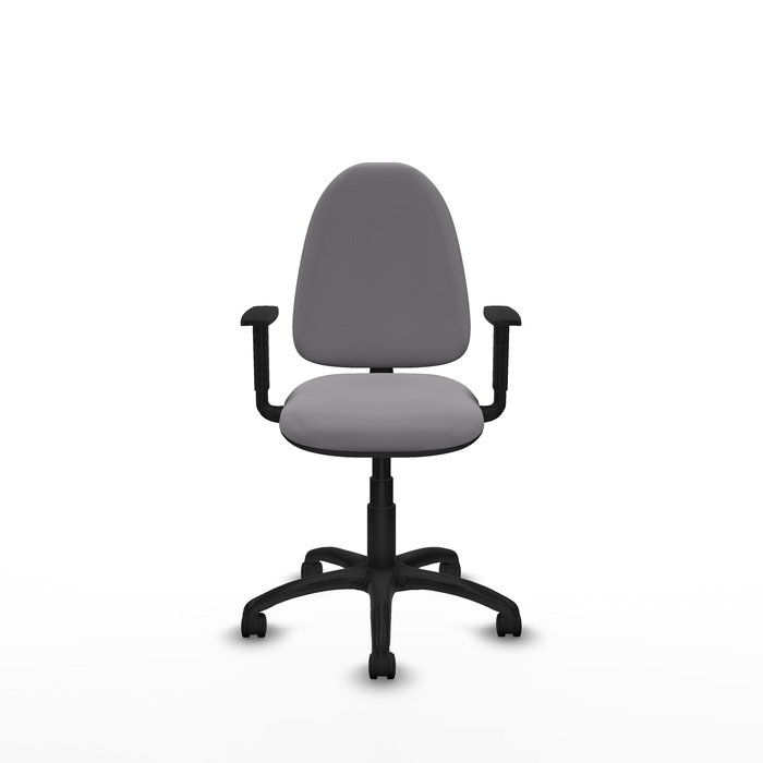 Chaise de bureau Aýna avec mécanisme de contact permanent de base, revêtue de simili cuir gris. Équipée d'une base en polyamide noir, d'accoudoirs 1D et de roulettes en nylon de 50 mm