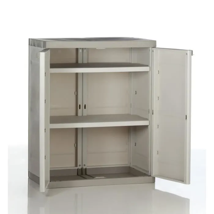 Plastiken Armoire basse TITANIUM 2 portes avec étagères en résine 70 x 44 x 88 cm couleur Beige et Taupe pour Intérieur et Extérieur