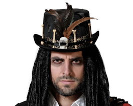 Steampunk - Chapeau Pirate Homme Noir Adulte pour Costume Steampunk Victorien, Accessoire avec Engrenages, Plumes et Crânes