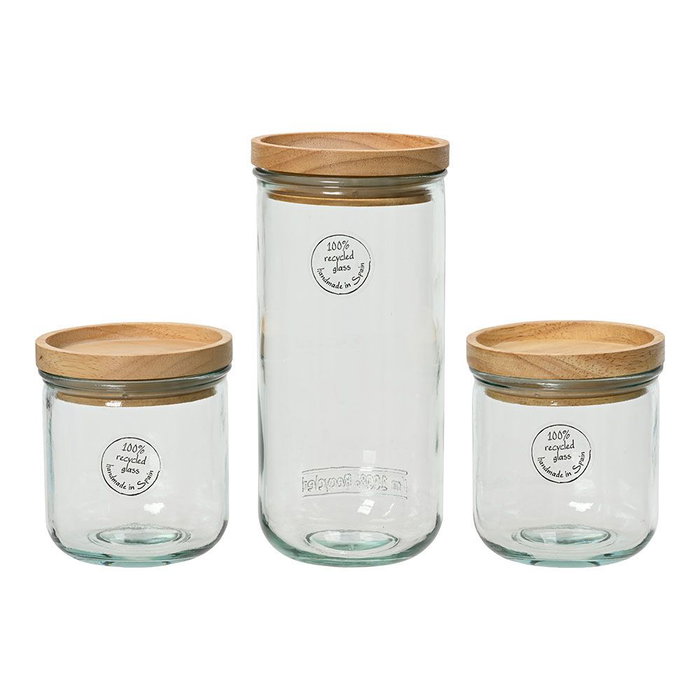 Lot de 3 Bocaux en Verre Recyclé avec Couvercle en Bois - Transparent Lot de 3 Bocaux en Verre Recyclé avec Couvercle en Bois - Transparent