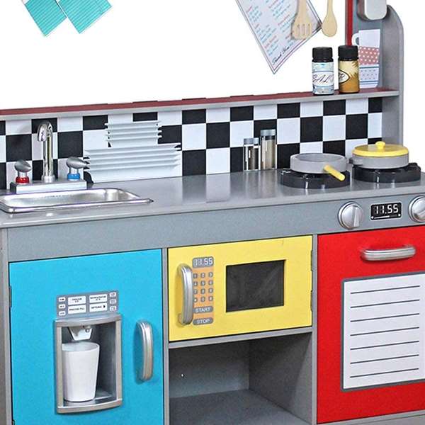 Woomax - Cuisine jouet en bois rétro pour enfants, dimensions 90x58x104 cm, avec lumières et sons, nécessite piles AAA