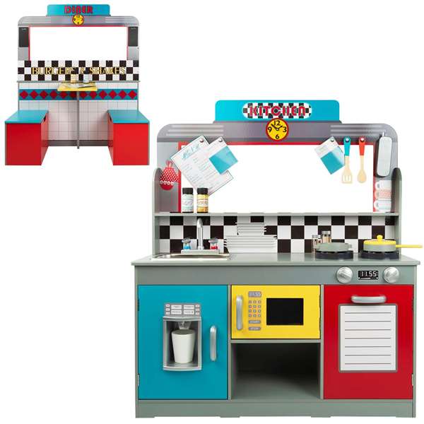Woomax - Cuisine jouet en bois rétro pour enfants, dimensions 90x58x104 cm, avec lumières et sons, nécessite piles AAA