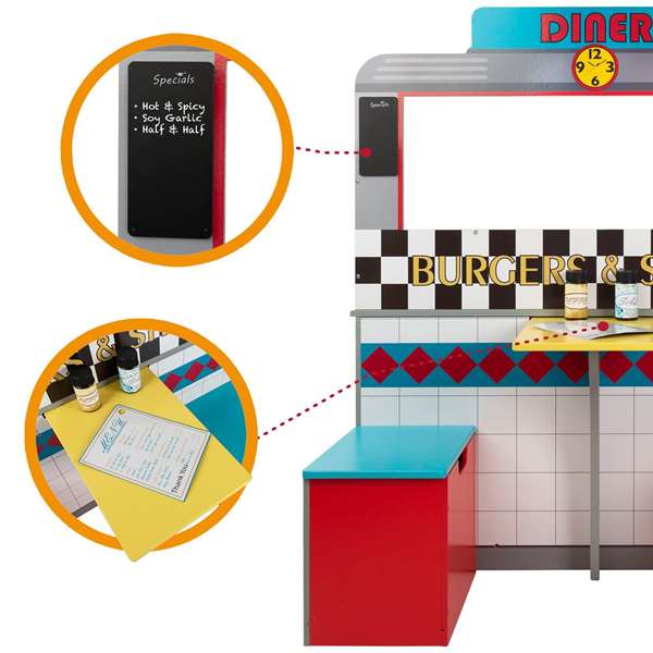 Woomax - Cuisine jouet en bois rétro pour enfants, dimensions 90x58x104 cm, avec lumières et sons, nécessite piles AAA