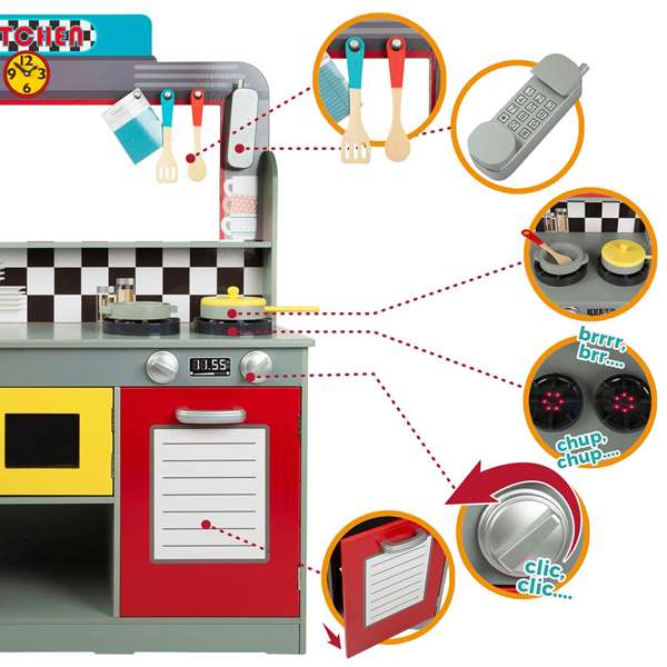 Woomax - Cuisine jouet en bois rétro pour enfants, dimensions 90x58x104 cm, avec lumières et sons, nécessite piles AAA
