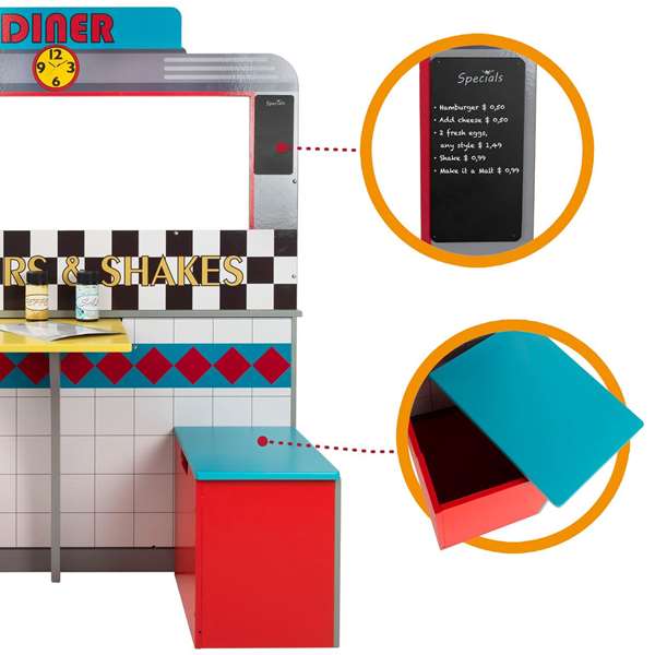Woomax - Cuisine jouet en bois rétro pour enfants, dimensions 90x58x104 cm, avec lumières et sons, nécessite piles AAA
