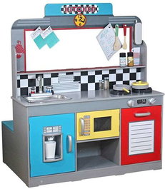 Woomax - Cuisine jouet en bois rétro pour enfants, dimensions 90x58x104 cm, avec lumières et sons, nécessite piles AAA
