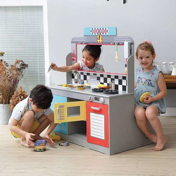 Woomax - Cuisine jouet en bois rétro pour enfants, dimensions 90x58x104 cm, avec lumières et sons, nécessite piles AAA