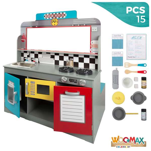 Woomax - Cuisine jouet en bois rétro pour enfants, dimensions 90x58x104 cm, avec lumières et sons, nécessite piles AAA