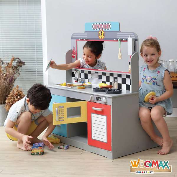 Woomax - Cuisine jouet en bois rétro pour enfants, dimensions 90x58x104 cm, avec lumières et sons, nécessite piles AAA