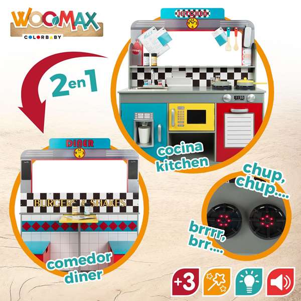 Woomax - Cuisine jouet en bois rétro pour enfants, dimensions 90x58x104 cm, avec lumières et sons, nécessite piles AAA