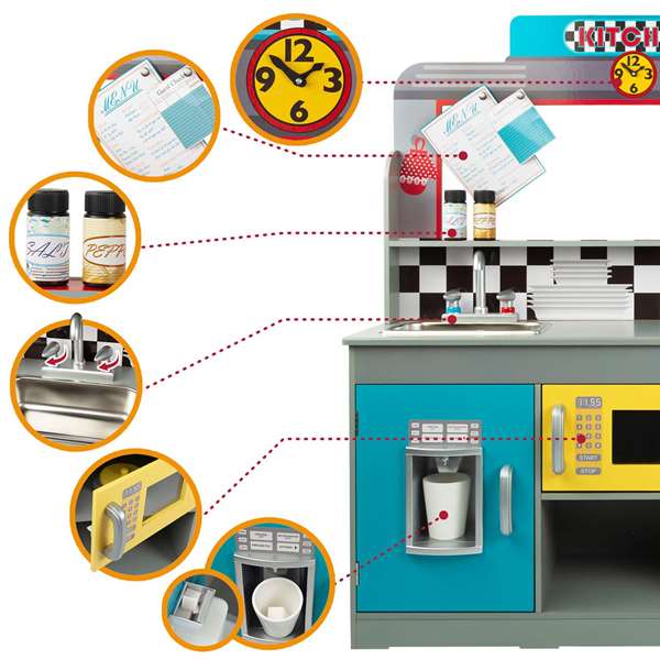 Woomax - Cuisine jouet en bois rétro pour enfants, dimensions 90x58x104 cm, avec lumières et sons, nécessite piles AAA