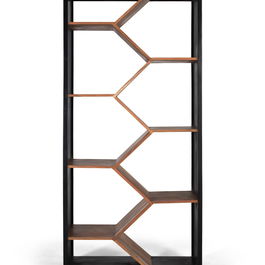 GINER Y COLOMER Meuble TV en bois de manguier massif, design contemporain et géométrique Art déco, finition noyer et naturel, étagère 45 cm, structure métal doré