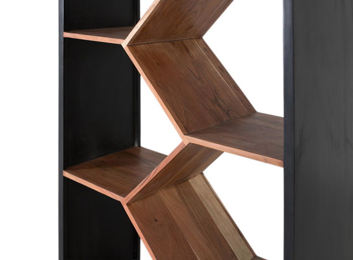 GINER Y COLOMER Meuble TV en bois de manguier massif, design contemporain et géométrique Art déco, finition noyer et naturel, étagère 45 cm, structure métal doré