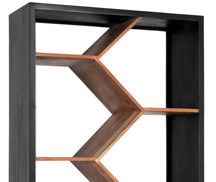 GINER Y COLOMER Meuble TV en bois de manguier massif, design contemporain et géométrique Art déco, finition noyer et naturel, étagère 45 cm, structure métal doré