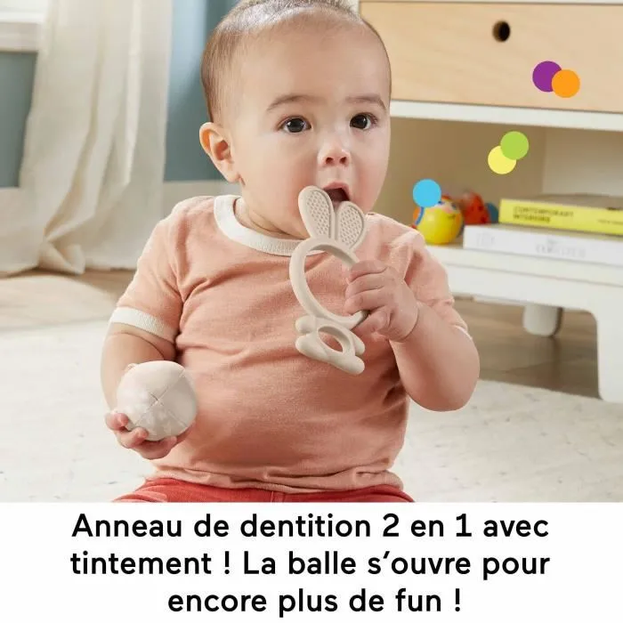Fisher-Price Coffret 4 Jouets Sensoriels pour Bébé Les Sens en Éveil HRB17 : Carré de Tissus, Hochet Axolotl, Lapin de Dentition, Luciole à Billes