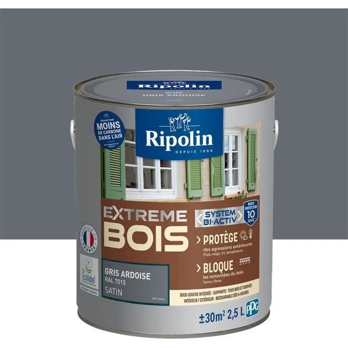 Ripolin - Peinture pour bois intérieur et extérieur, satin gris ardoise - Ultra-couvrante, résistante aux UV et intempéries - Sous-couche intégrée, sèche en 30 min