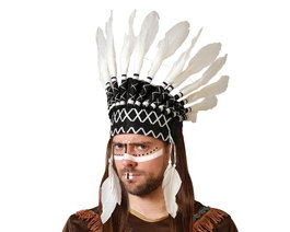 Penacho Indien pour Enfant avec Plumes Blanches et Noires et Cintas Colgantes - Accessoire Déguisement Tribal Carnaval et Fêtes
