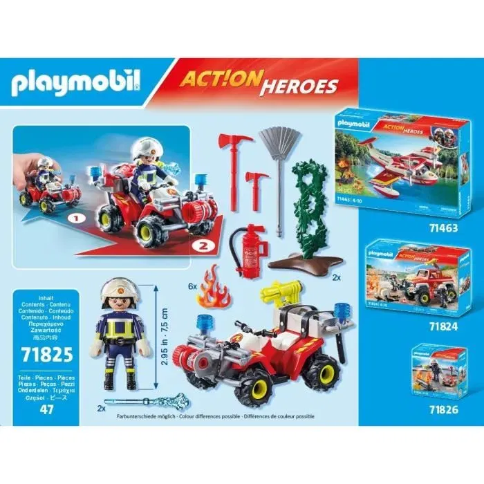 Playmobil 71825 - Pompier avec quad et arbustes enflammés - Figurine avec véhicule et accessoires pour enfant à partir de 3 ans