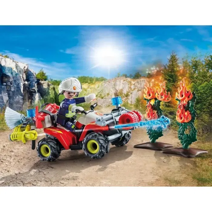 Playmobil 71825 - Pompier avec quad et arbustes enflammés - Figurine avec véhicule et accessoires pour enfant à partir de 3 ans