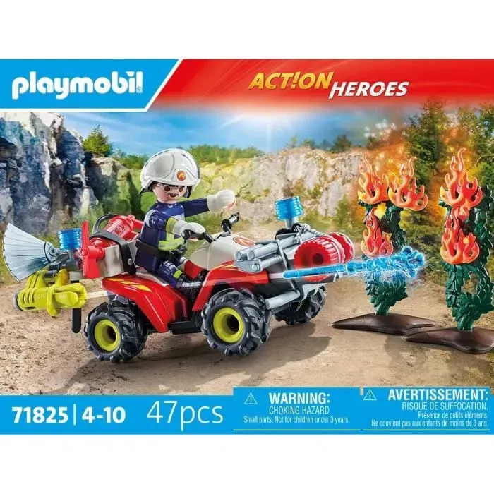 Playmobil 71825 - Pompier avec quad et arbustes enflammés - Figurine avec véhicule et accessoires pour enfant à partir de 3 ans