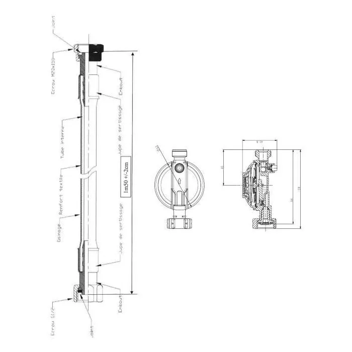 Détendeur Butane Edouard Rousseau M20X150 - Sécurité 1,3 kg/h - Tuyau 1,5 m inclus - Blanc et Bronze - Norme NF EN 12864XP M 88-778