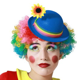 Chapeau de clown de cirque en feutre bleu avec ruban arc-en-ciel et fleur pour adulte - Accessoire pour déguisement carnaval et fête pour femme