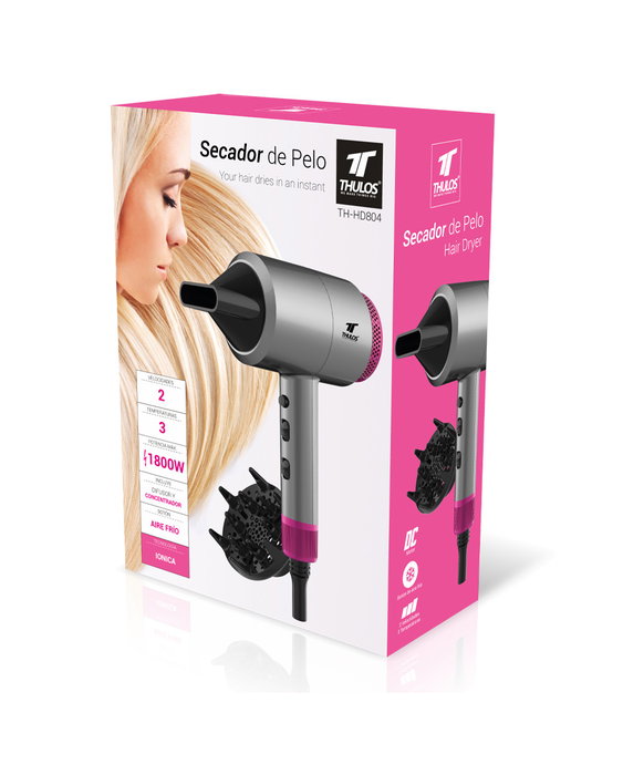 Thulos TH-HD804 Sèche-cheveux ionique 1600-1800W avec diffuseur et concentrateur