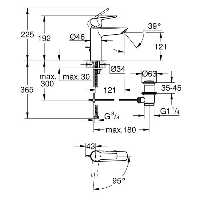 GROHE Mitigeur de lavabo monocommande Quickfix Start 2021 avec tirette, vidage et économie d'eau, finition chromée, taille M